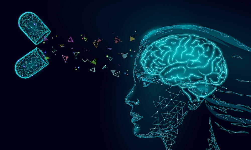 Brain treatment low poly 3D render. Drug nootropic human ability stimulant smart mental health. Medicine cognitive rehabilitation in Alzheimer disease and dementia patient vector illustration New drug design could yield Alzheimer’s treatments