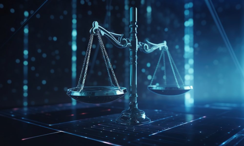 Law scales on background of data center. Digital law concept of duality of Judiciary, Jurisprudence and Justice and data in the modern world. Copy space. Based on Generative AI “By increasing what’s available to everyone, we can try to create a more level playing field”