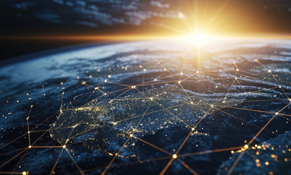 Connection lines glow light around the Earth’s surface, future technology background with circles and lines. Internet, social media, travel, or logistical concepts. Daily round-up: Friday 22nd March